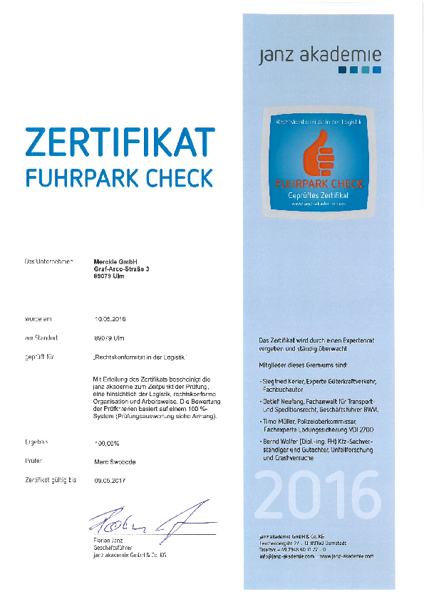 Zertifikat Fuhrpark Check 2016